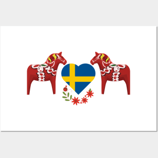 Swedish horse Dalas with Swedish flag heart and flowers. Posters and Art